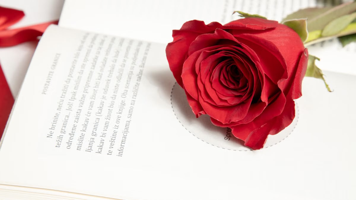 A vivid red rose resting on the pages of an open book, creating a romantic and thoughtful atmosphere.